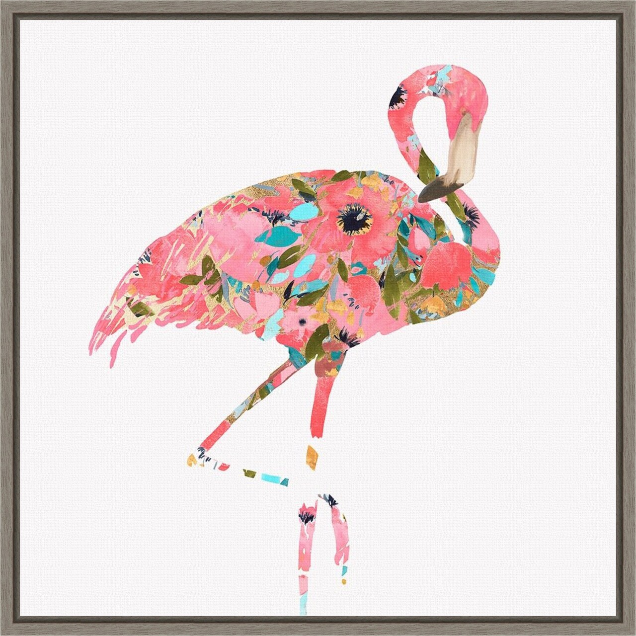 Summer Glow (Pink Flamingo) by Eva Watts 16-in. W x 16-in. H. Canvas Wall Art Print Framed in Grey